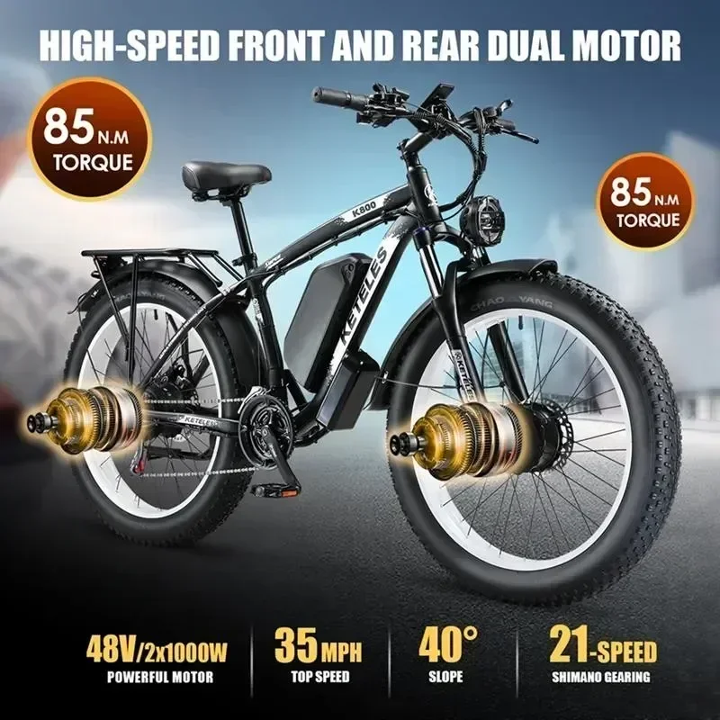 YYHC 48V23AH/18ah EBike 26X4.0 Inch Electric Bike Dual Motor Two Wheel Drive Battery Off-Road Fat Tire  Electric Bicycle