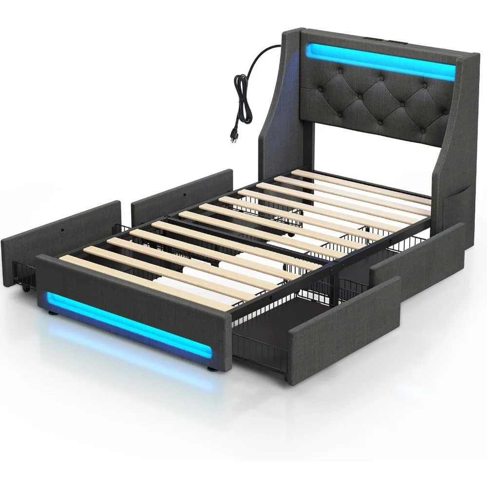 Bed Frame with LED Lights and Charging Station, Upholstered Bed with Drawers, Wooden Slats, Noise Free, Easy Assembly