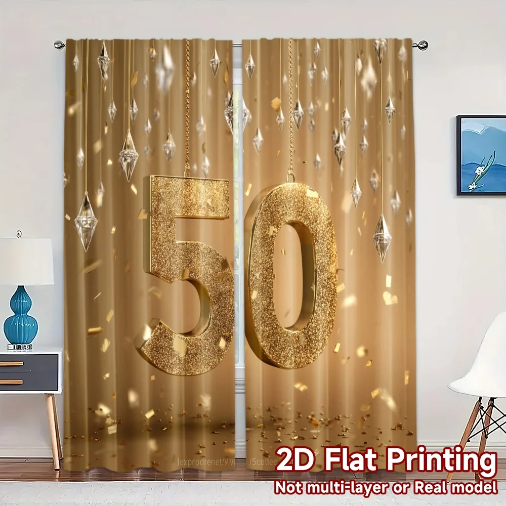 2pcs, 2D FLAT PRINTING Curtains (Without Rod) Golden Jubilee(2) Popular Curtains&Drapes Versatile Polyester Curtains Holiday