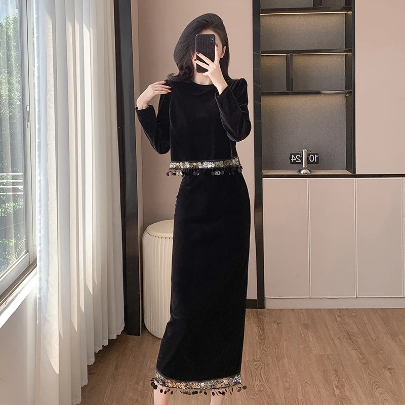 Autumn New Fashion Velvet Tassel Two Piece Set Women Long Sleeve Elegant Crop Top + Hight Waist Bodycon Split Skirt Suits Female