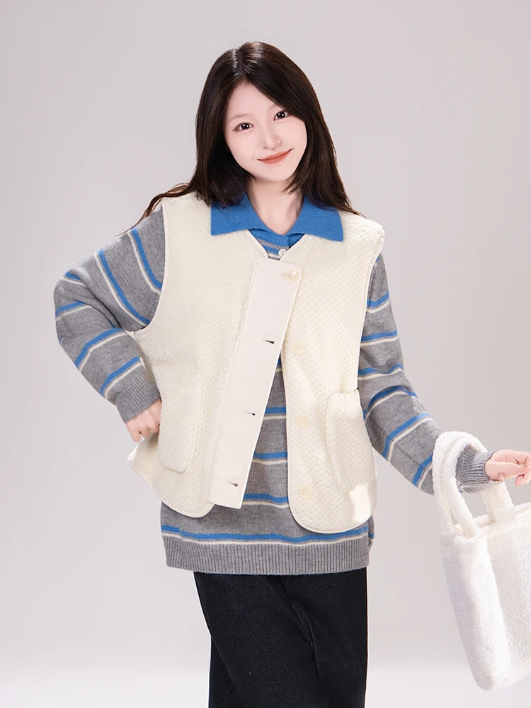 

Women's Corduroy Patchwork Mouton Simulation Vest Autumn Winter Warm Versatile Svel Outerwear Sweet Sle Straight Cut
