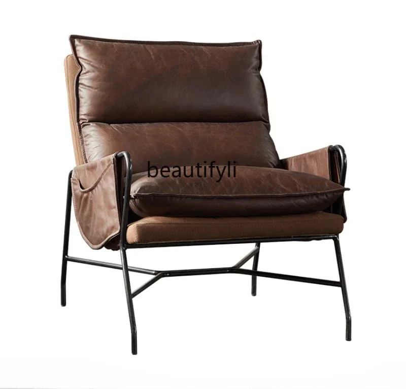 

Nordic designer living room leather sofa chair retro, light luxury post-modern simple single sofa