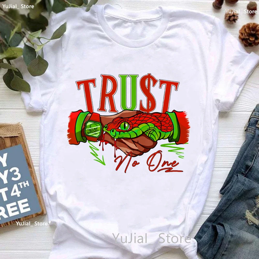 

Trust No One Trust Shake Hand With Snake Print T Shirt Women Colorful Summer Short Sleeve Tshirt Femme Harajuku Shirt Streetwear