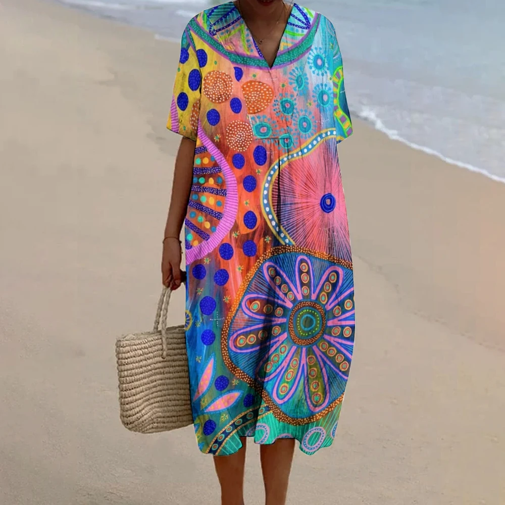 

Women’s Vacation Vibes Dress Colorful Geometric Prints Beach Dress Triangles and Stripes Patterned Skirt Boho Vacation Robe