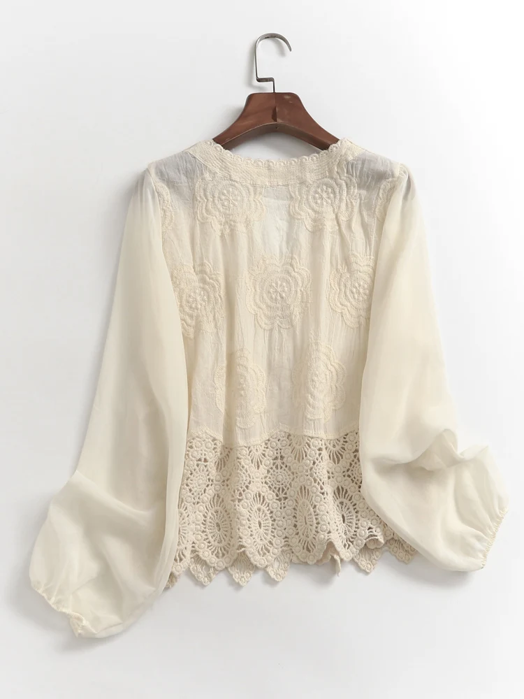 Elegant V-Neck Long Sleeve Lace Open Cardigan Women's Shirt Hollow out Design Spring Fashion 2023 Versatile Straight Cut Cotton