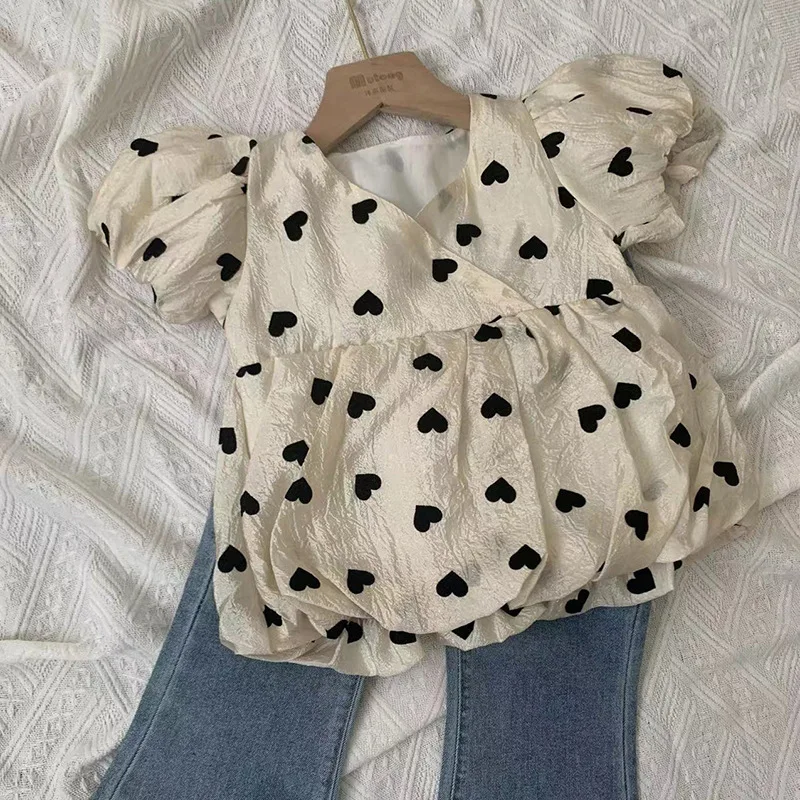 

Girls' Shirt Summer New Casual Fashion Puff SleeveVBow Tie Bud Short Sleeve Top Children One Piece Dropshipping