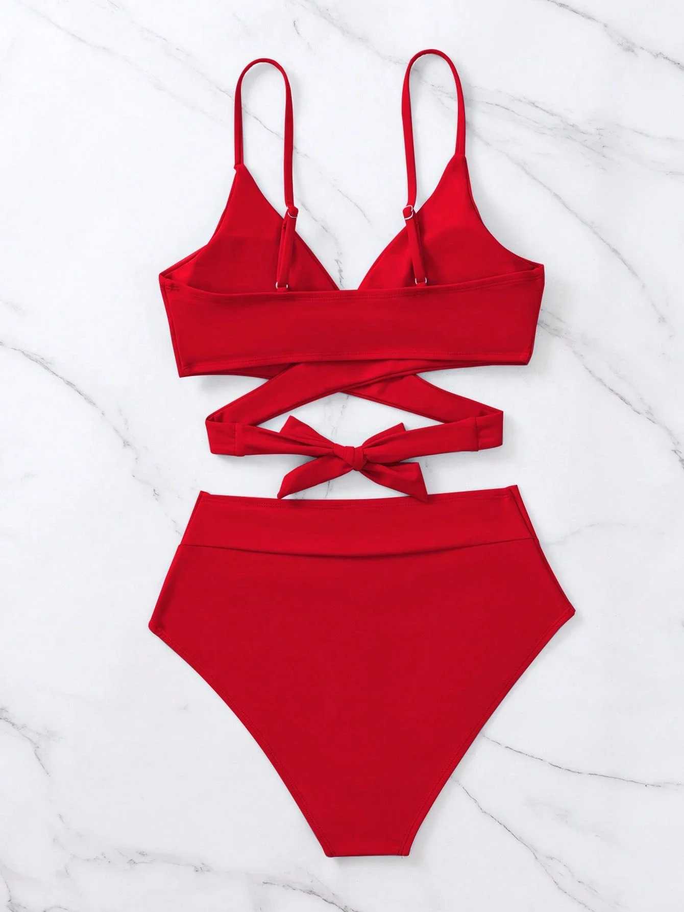 

Minimalist Solid Red Bikini Set High Waist Cross Front Beach Swimwear