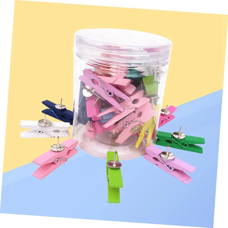 50 قطعة دبابيس الضغط الخشبية ومسامير الإبهام مشابك ورق الحرف الزخرفية للملاحظات والصور ولوحات الفلين ألوان عشوائية