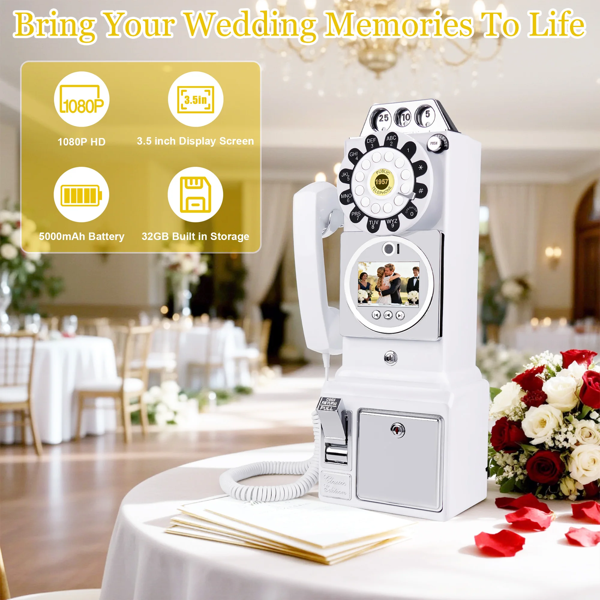 Vintage 32G Wedding Audio Video Guestbook Phone Unique Video Recorder for Party Check-In Party Wishes and MP4 Message Recording