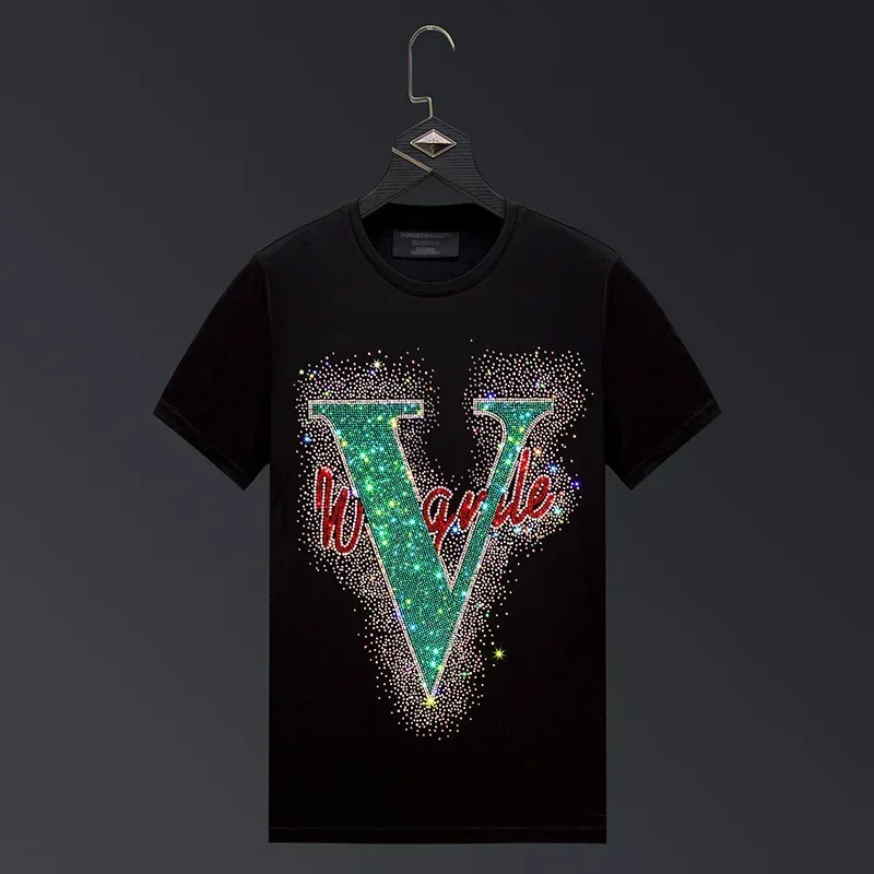

2025 Letter Diamonds T Shirt Men Clothing Fashion Short Sleeve Streetwear O Neck Slim Mercerized Cotton Tshirts Plus Size 6XL
