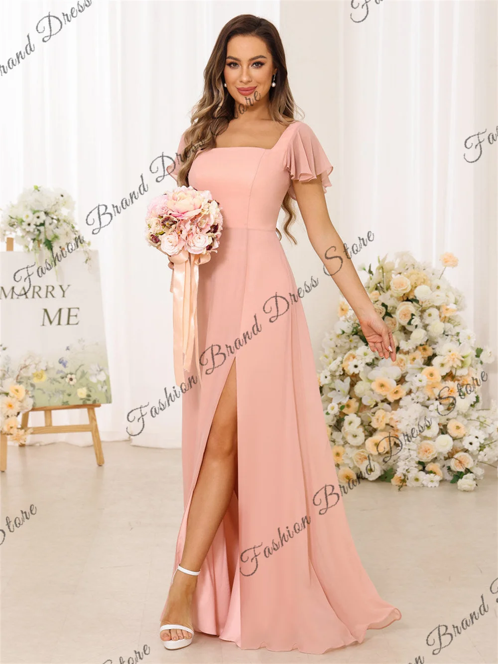 Off-the-shoulder Square Collar Chiffon Bridesmaid Dresses Shrot Sleeves Backless Corset Formal Ball Gowns A-line Long Prom Dress