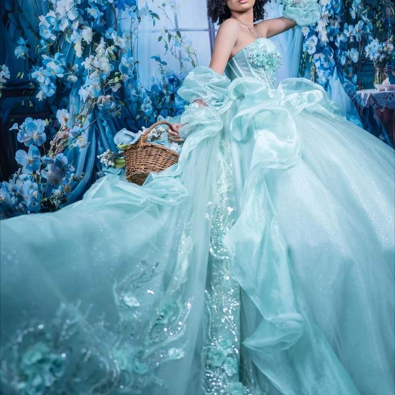 

Светло-зеленые блестящие платья Quinceanera с открытыми плечами, аппликация, цветок, бисер, кристалл, тюль, вечерние, день рождения, сладкое платье 16, Vestid