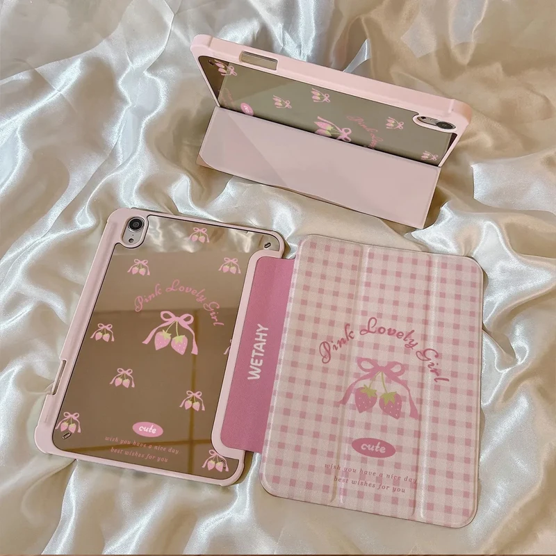 

Pink Mirror Checkered StrawberryTablet Case For iPad Pro 11 13 M2 M4 M3 9.7 10.2 5/6th 8/9/10/11th Mini 67 Air 4 5 6 Stand Cover