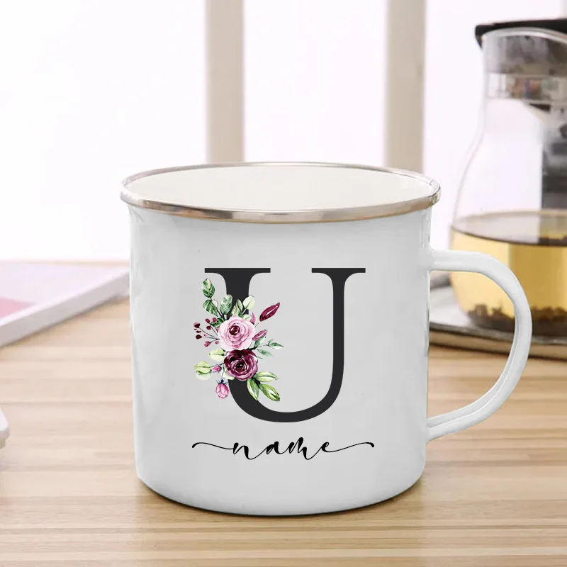 26 iniziali Black Letter Purple Flower Print tazza smaltata tazze da caffè Creative tazza da viaggio regali personalizzati Cupshe bicchieri tazze