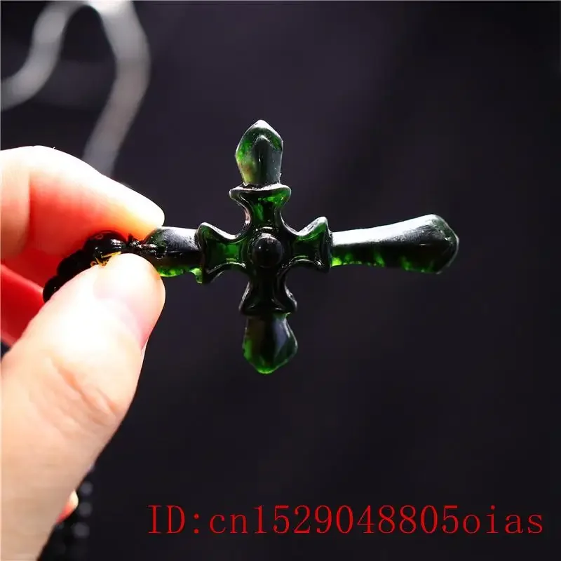 Jade Cross Pendant Necklace Gifts Jewellery Black Green Carved Fashion Chinese Amulet Natural Charm