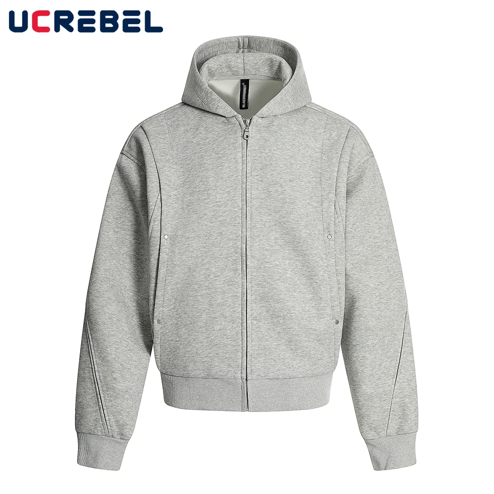 Spliced Hooded Sweatshirts Mens Solid Color High Street Cotton Loose Drop Shoulder Long Sleeve Zipper Fly Hoodies Outerwear Men