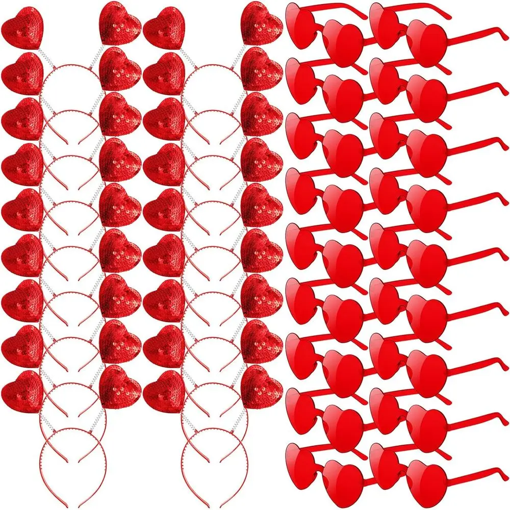 

36-Piece Valentine's Day Set: 18 Heart Headbands & 18 Red Frameless Sunglasses for Women