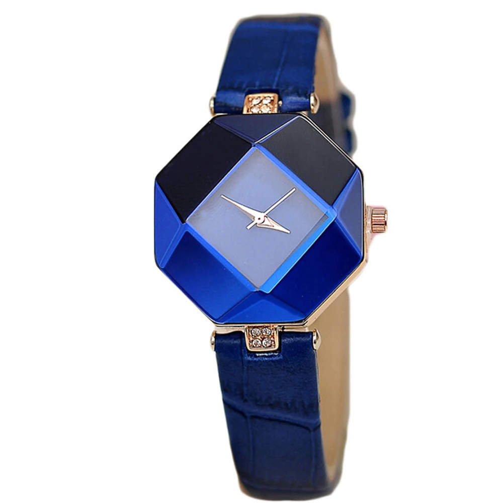 Women Watches Gem Cut Geometry Crystal Leather Quartz Wristwatch Fashion Dress Ladies Gifts Clock Relogio Feminino