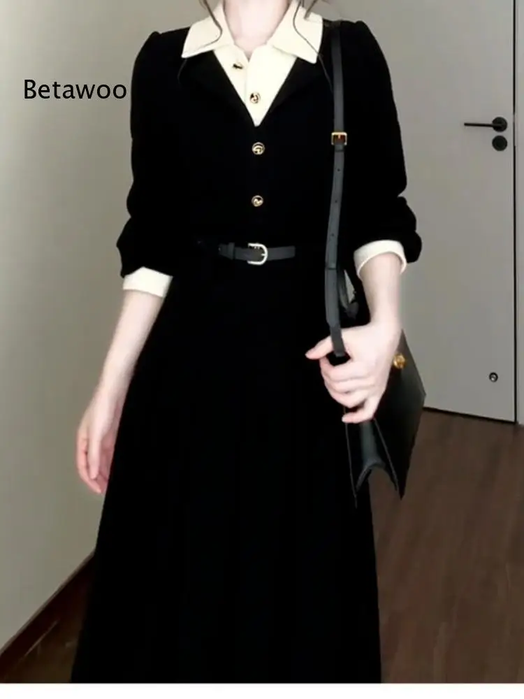 Women Fake Two Piece Lapel Dress Contrast Collar Cuff Gold Button Long Sleeve Belted Waist A Line Pleated Vintage Dress
