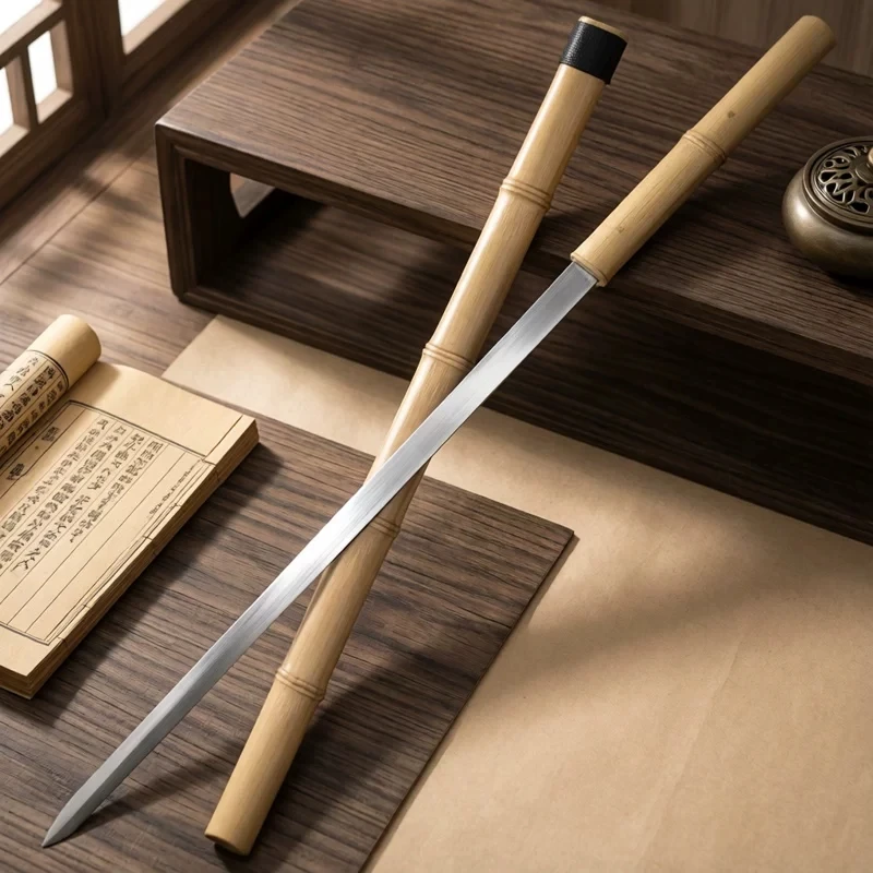 Chinese swords full size real steel natural wooden sword sheath imitating bamboo double edges handmade decor craft Wushu art view 3