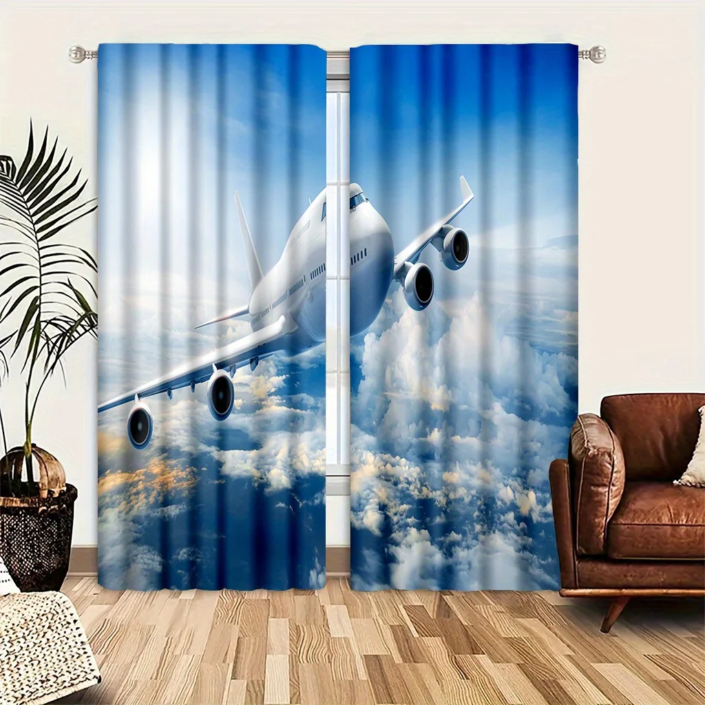 Airplane Curtains, Blue Sky & Clouds Print Window Drapes, Aviation Theme Bedroom Decor for Boys, Blackout Fabric for Living Room