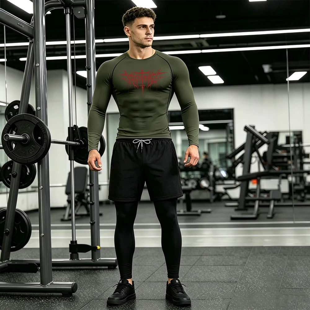 Men Athletic Set Compression Long Sleeve T‑Shirt + Double Layer Leggings Pants and Shorts for Running Suit Thorn Cross Print