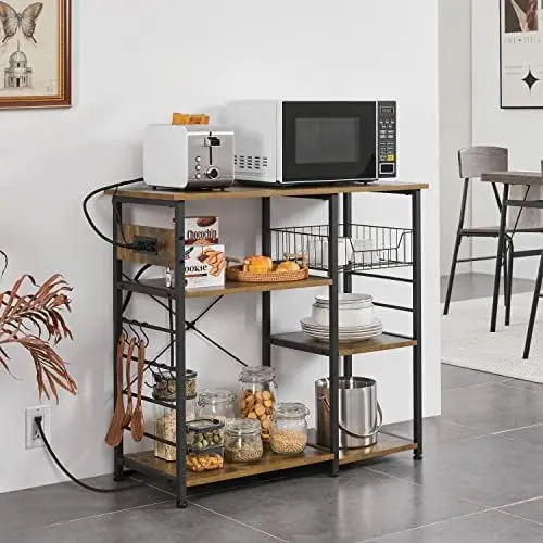 

Kitchen Bakers Rack with Power Outlet & Wire Basket, Coffee Microwave Stand w/ 6 Side Hooks, Freestanding for Spices, Pot