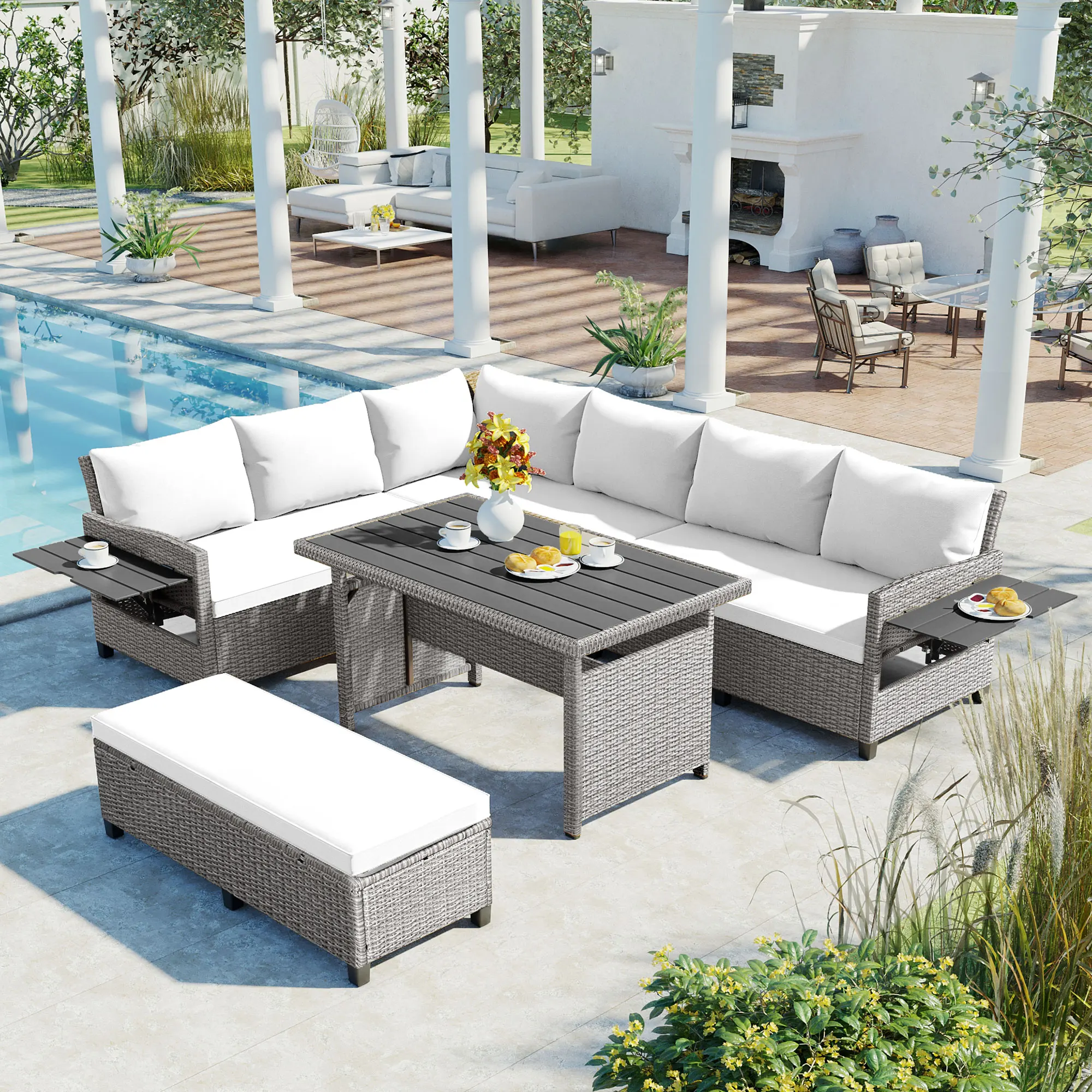 

5PC L-Shaped PE Wicker Sofa Set w/ Extendable Dining Table + Side Tables & Washable Covers, for Patio/Garden/Indoor, White
