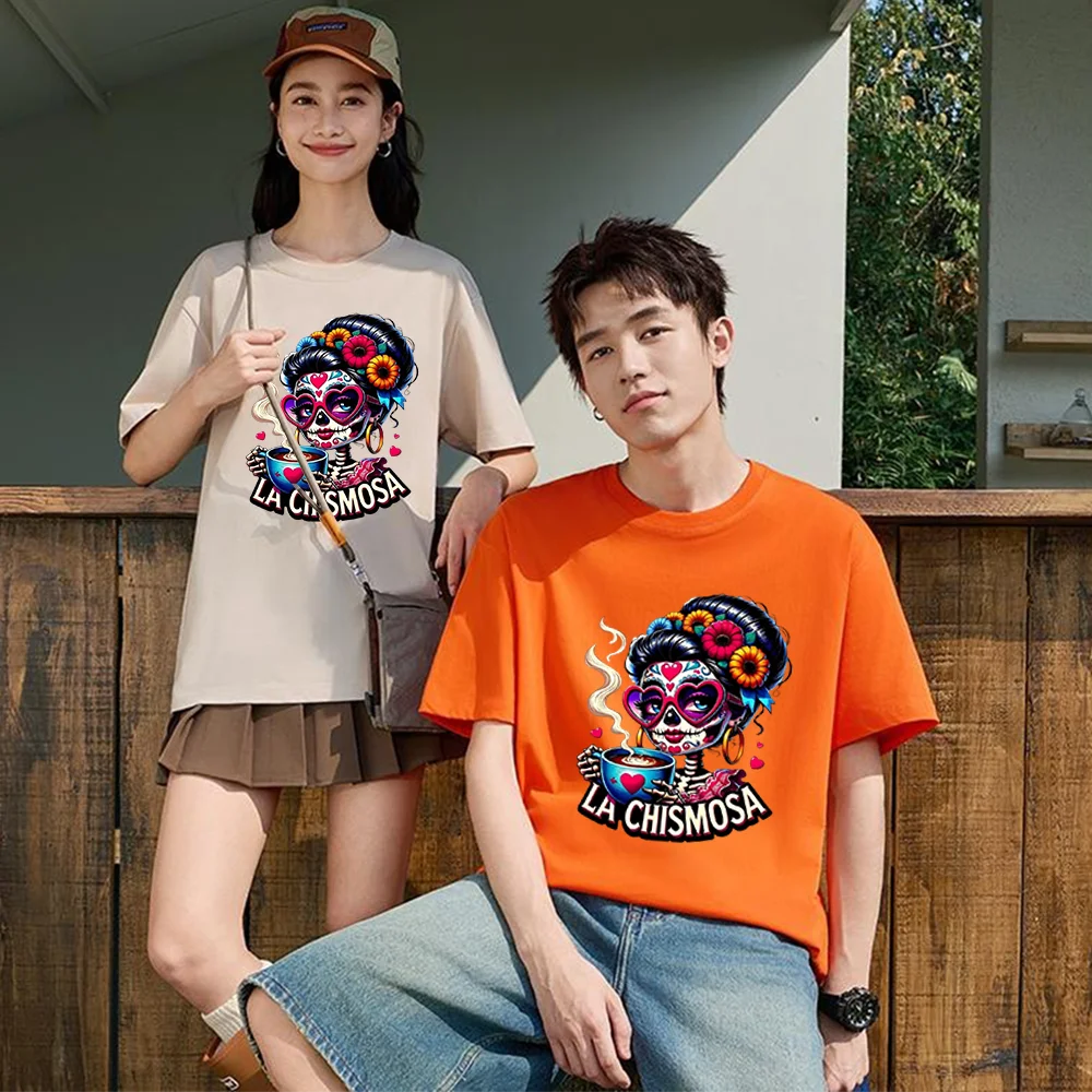 La Chismosa Sugar Skull With Coffee Cup Graphic Printed T Shirt Breathable Fabric S-XXL Personalized Custom T Shirt Casual Short