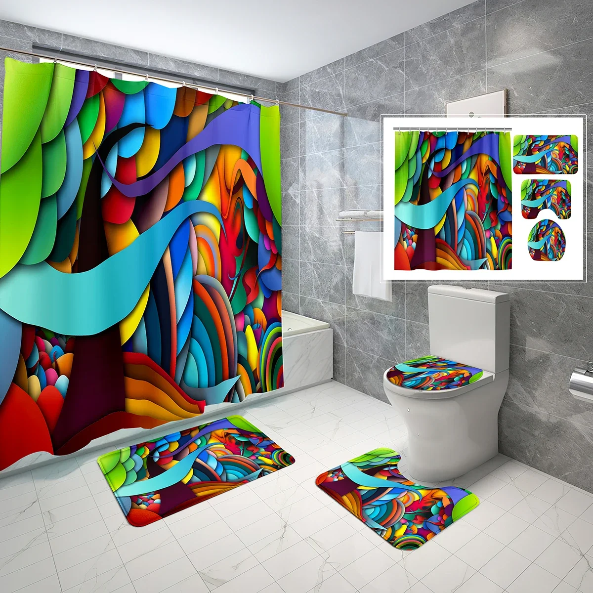 4-Piece Set Swirl Shower Curtain Set,Colourful Flowing Line Pattern Waterproof Bath Curtain,Non-Slip Bath Mat Toilet Cover Set