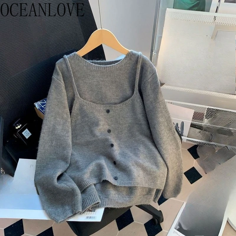 

OCEANLOVE 2 Pieces Woman Sweaters Solid Autumn Winter Loose Vintage Pullovers Korean Fashion Simple Casual Pull Femme