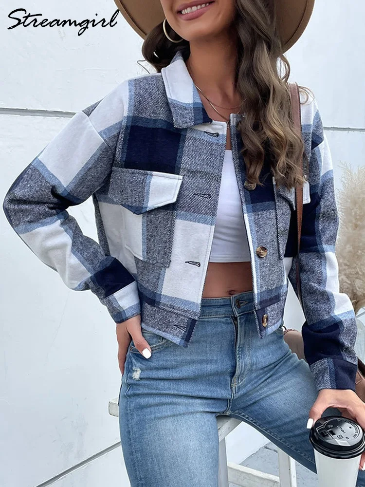 Streamgirl Short Plaid Jacket Women Oversize Autumn Vintage Thicken Wool Plaid Coats Outerwears Autumn Jackets For Women 2023