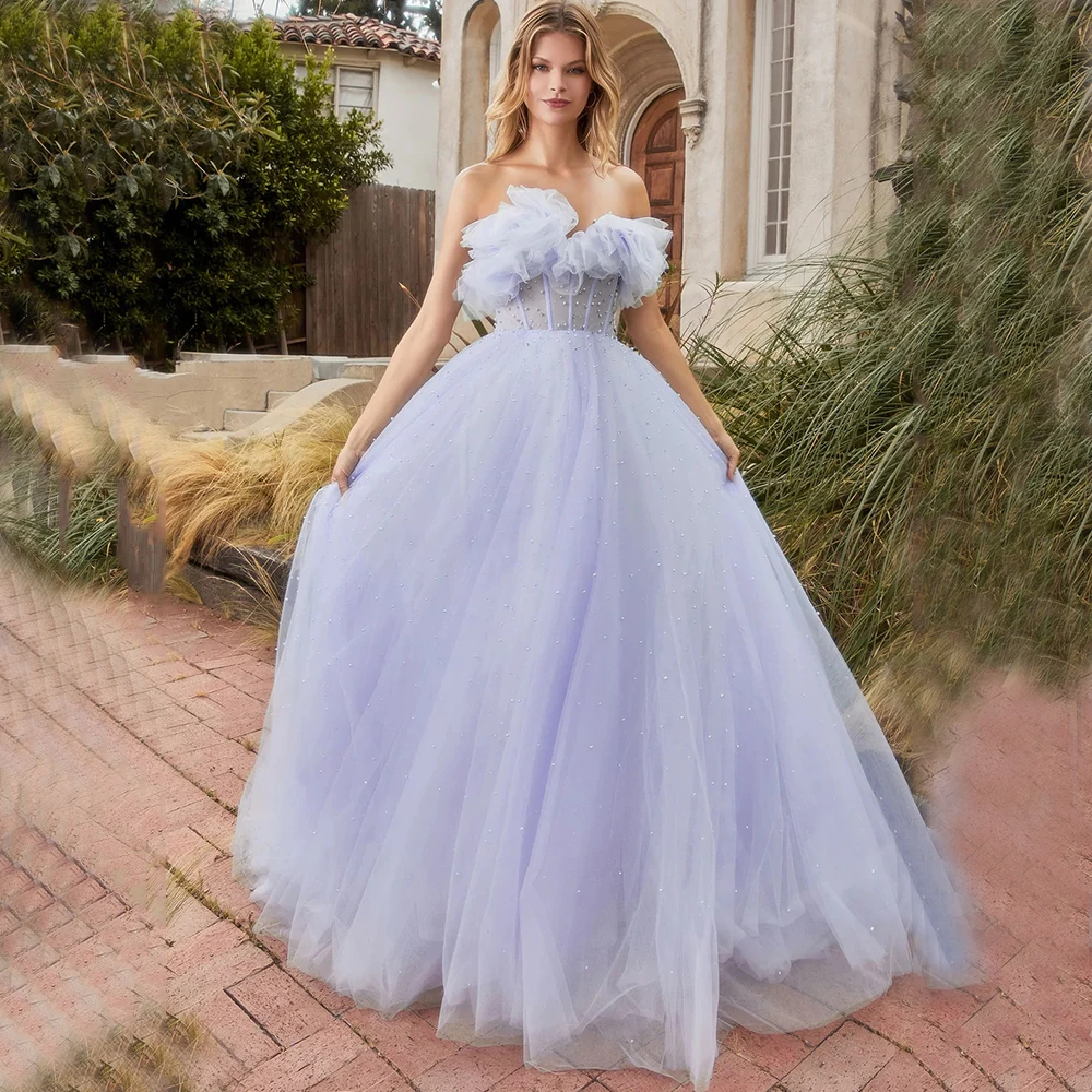 Light Purple Strapless A-Line Prom Dress with Pearls Tulle Floor Length Ruffle Women Party Banquet Sleeveless Open Back Gowns