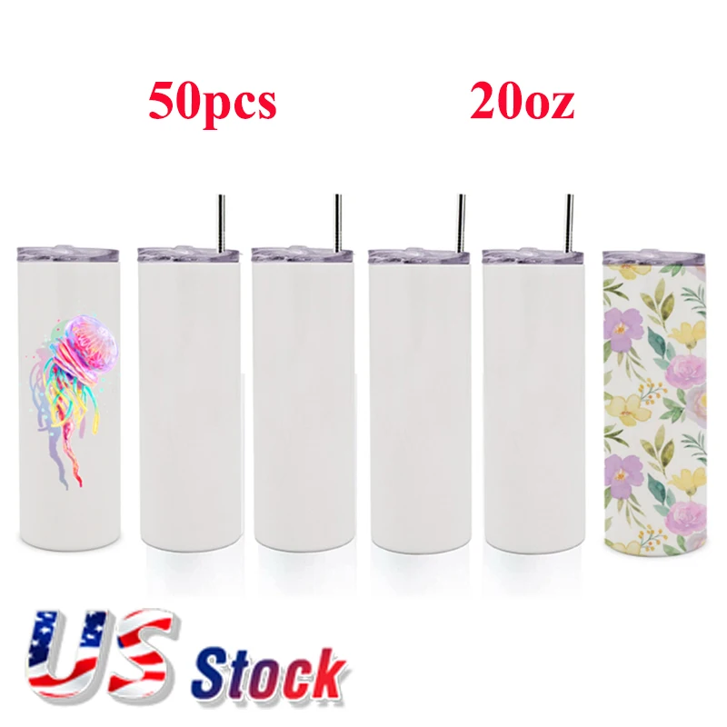 

50pcs 20oz Sublimation Blank Skinny Tumbler Stainless Steel Water Bottle Double Wall Vacuum Travel Cup With Lid and Straw Bulk