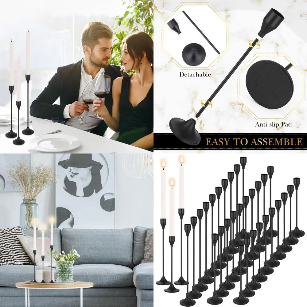 

Set of 30 Elegant Metal Taper Candlesticks for Weddings, Parties, and Home Decor (Black)