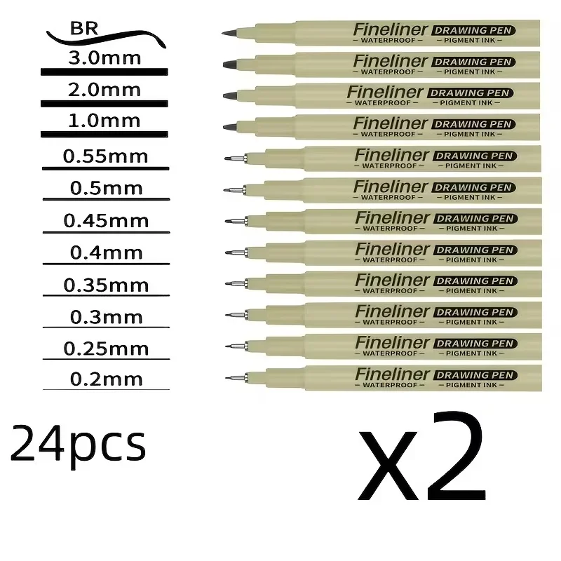 24pcs Black Fine Liner Ink Pens Set for Detailed Sketching Journaling Contouring Cartoon Animation Smooth Flowers & Precision Artwork Various Tip Sizes