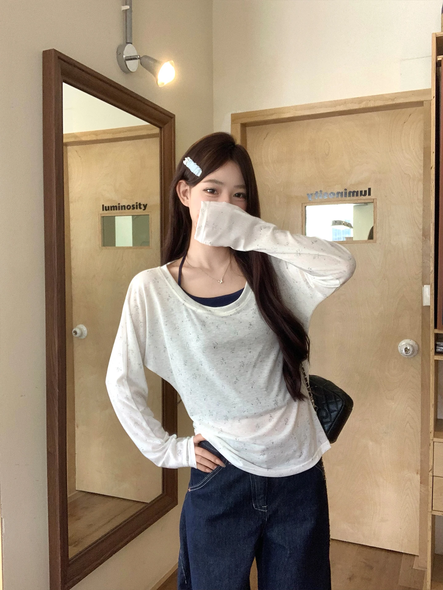 Loose Long Sleeve U-Neck T-Shirt Women's Early Autumn Korean Style Floral Print Transparent Light Weight Top Sui Generis