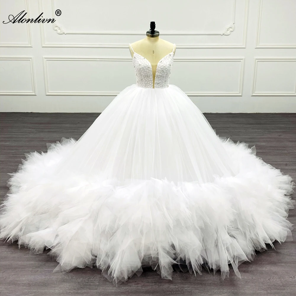 Alonlivn Silky Tiered Train Spaghetti Straps Ball Gown Wedding Dresses With Beading Pearls of Top Deep V-Neck Lace Up For Brides
