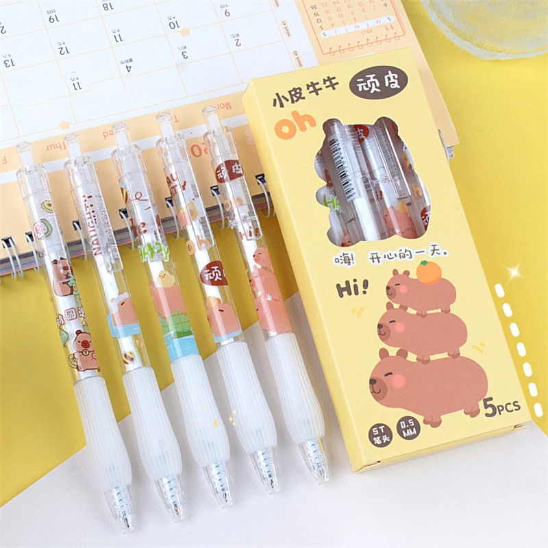 5Pcs Cartoon Kawaii Capybara Gel Pen Fashion asciugatura rapida scrittura penna liscia cancelleria estetica forniture scolastiche per ufficio