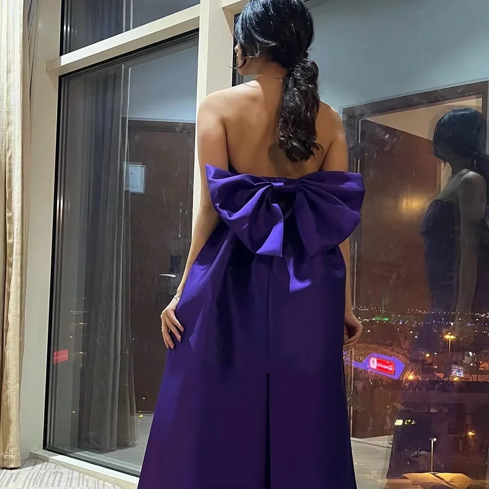 Suknia wieczorowa z fioletowego satyny na zamówienie, zdobiona koralikami, bez ramiączek, długa do podłogi, z odkrytymi plecami i kokardą, suknia na studniówkę, suknie na specjalne okazje.