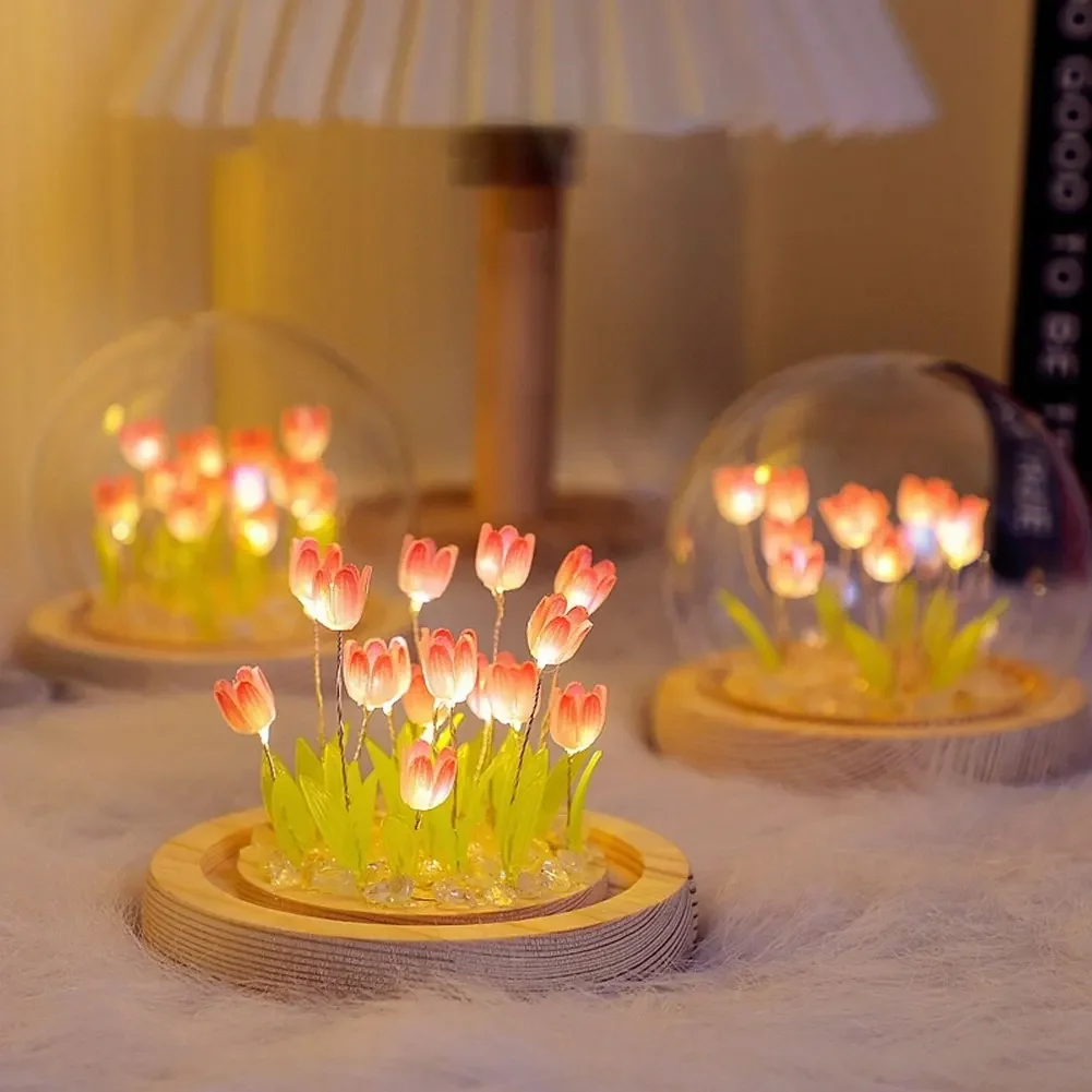 Tulip Flower Night Light With Glass Cover Handmade DIY Bedside Light LED Night Lamp Table Desk Lamp Bedroom Decor USB Mood Light