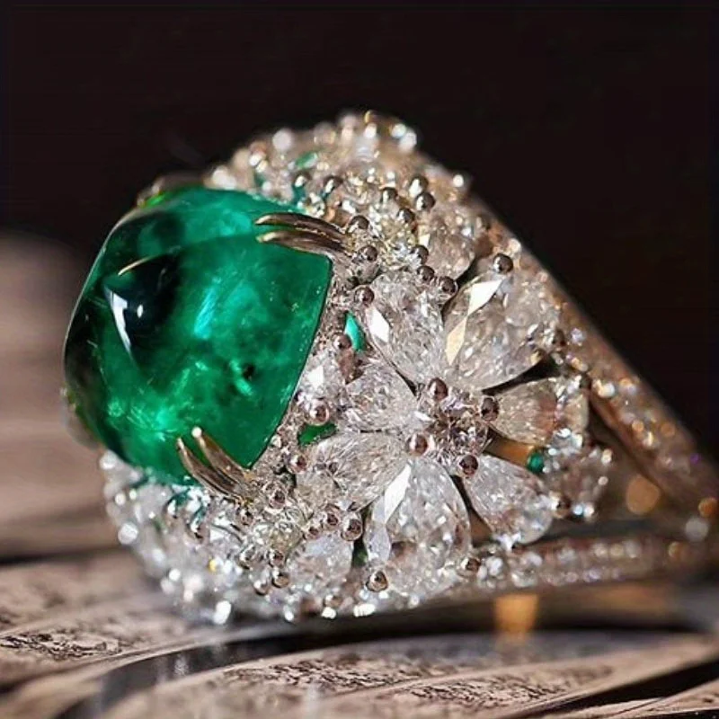 Wunderschöner, eleganter grüner Blumenring aus synthetischem Zirkon, geeignet für Damen, Partys, Bankette, Hochzeit, Vintage-Temperament-Schmuck