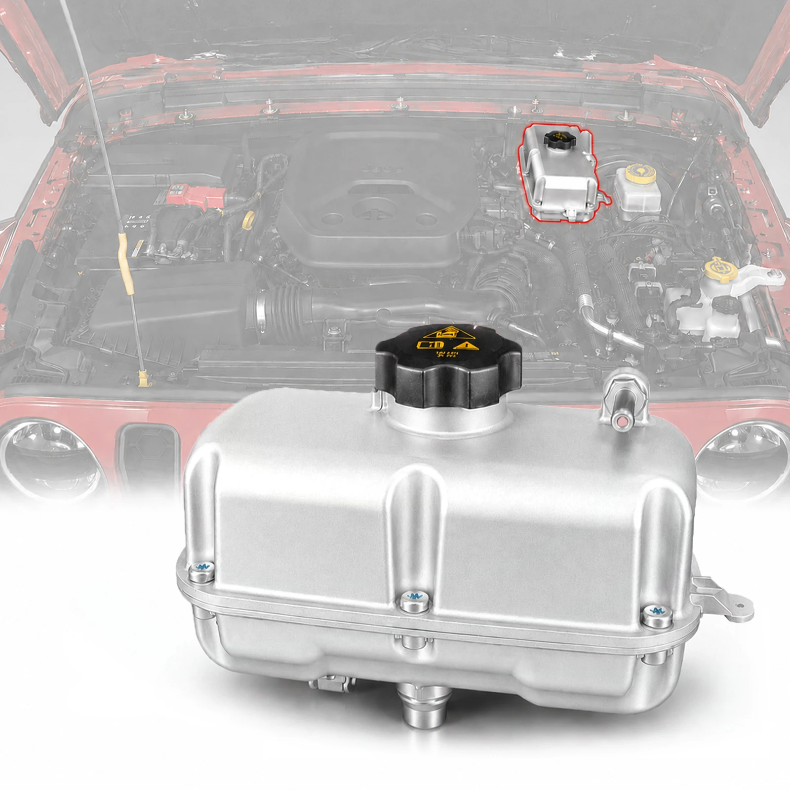 Réservoir d'expansion de liquide de refroidissement en aluminium avec bouchon compatible avec Jeep Wrangler JL 2018-2025 Gladiator JT 2020-2025 2.0L 3.6L 6