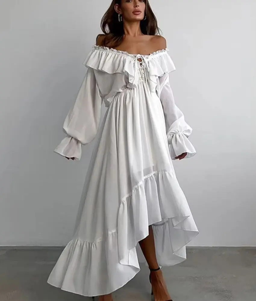 

WXOY Women White Dress Loose Fit Long Sleeve Lace Up Drawstring Ruffle Neckline High Low Hem Spring Summer Street Style Wear