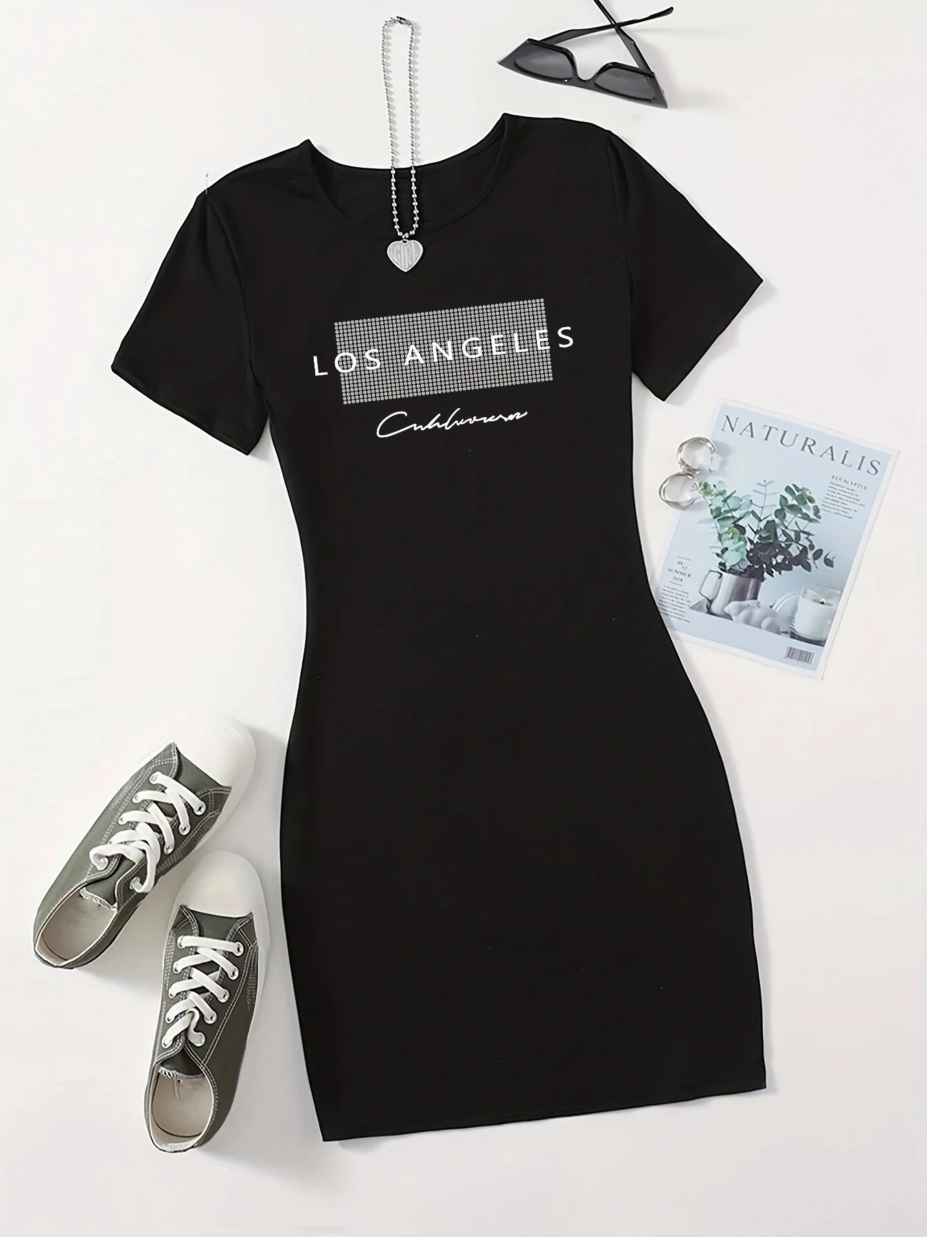 Zomer damesmode Los Angeles letterprint casual sexy slim fit nauwsluitende korte mouwen ronde hals T-shirt minirok