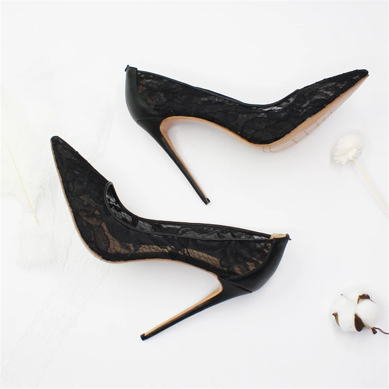 Spring and summer new pointed shallow lace mesh breathable red sole shoes thin high-heeled banquet dress large size women\'s shoe