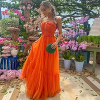 Vestidos de noche elegantes sin tirantes de color naranja, vestido de dama de honor hasta el suelo de encaje, vestidos de fiesta de tul personalizados con flores