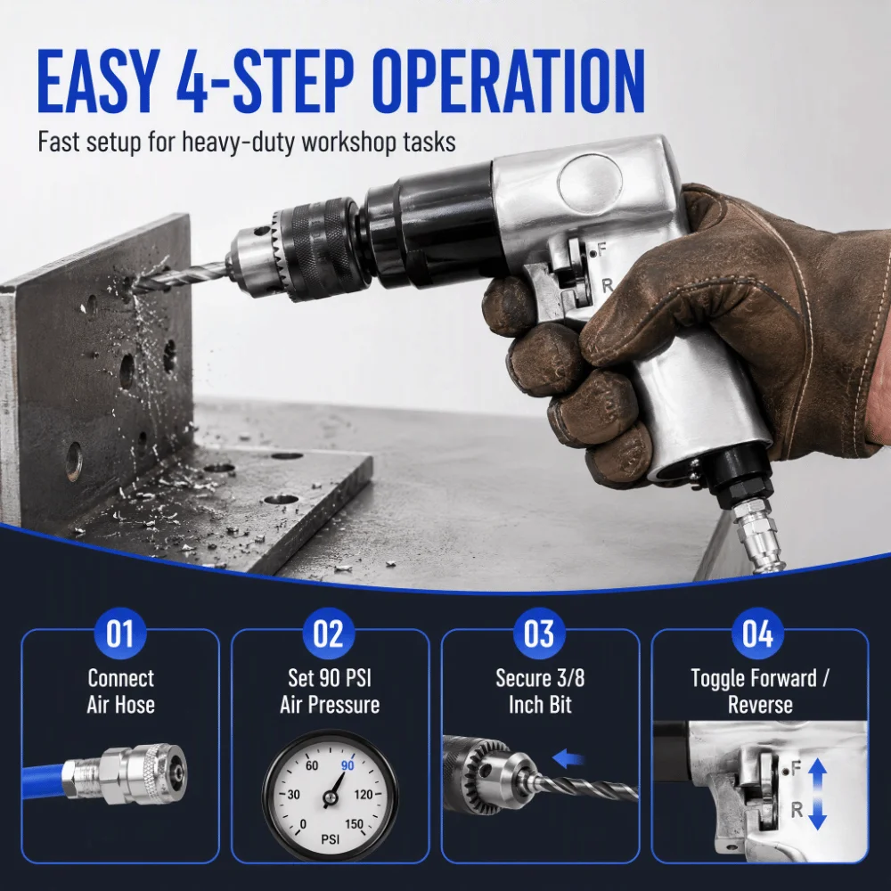 3/8 Inch Chuck Pneumatic Drill 1700 RPM Speed Reversible Rotation Air Drill Tool High Speed Pneumatic Powered