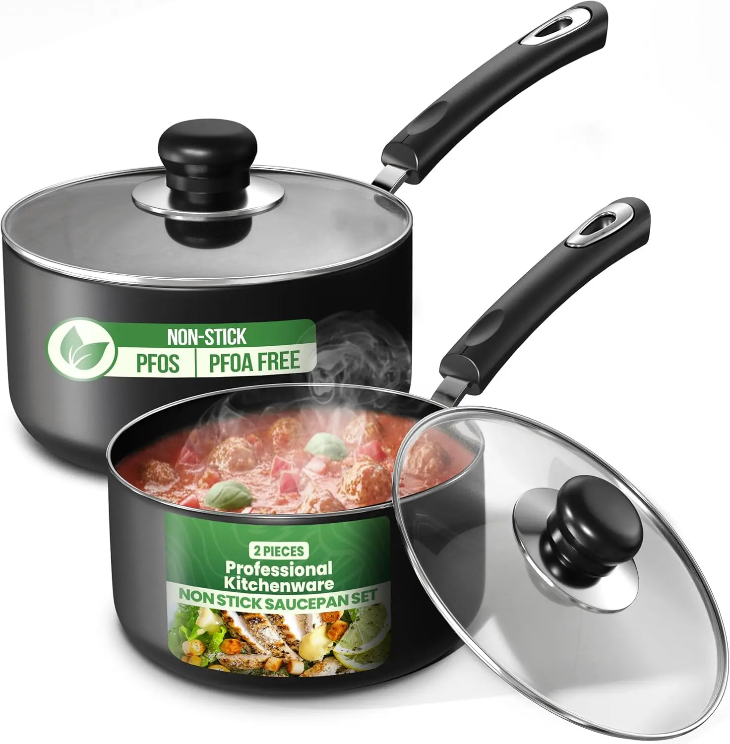 

Nonstick Saucepan Set with Lids, 1 Quart and 2 Quarts Multipurpose Kitchen Pots for Cooking, Grey & Black