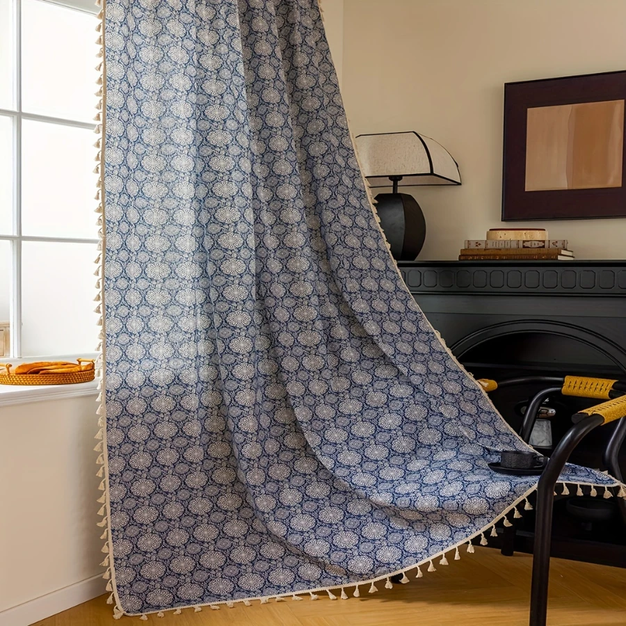 1PC Vintage Tassel Sheer Curtains, Blue Hydrangea Floral, Digital Print, Linen Polyester, Bedroom Living Room, Home Decor